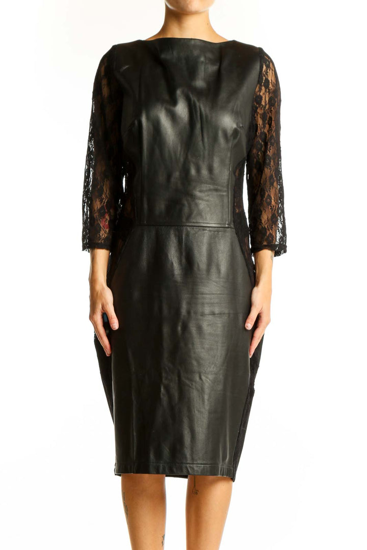 Front view of black leather midi dress with lace sleeves by Wheels & Dollbaby