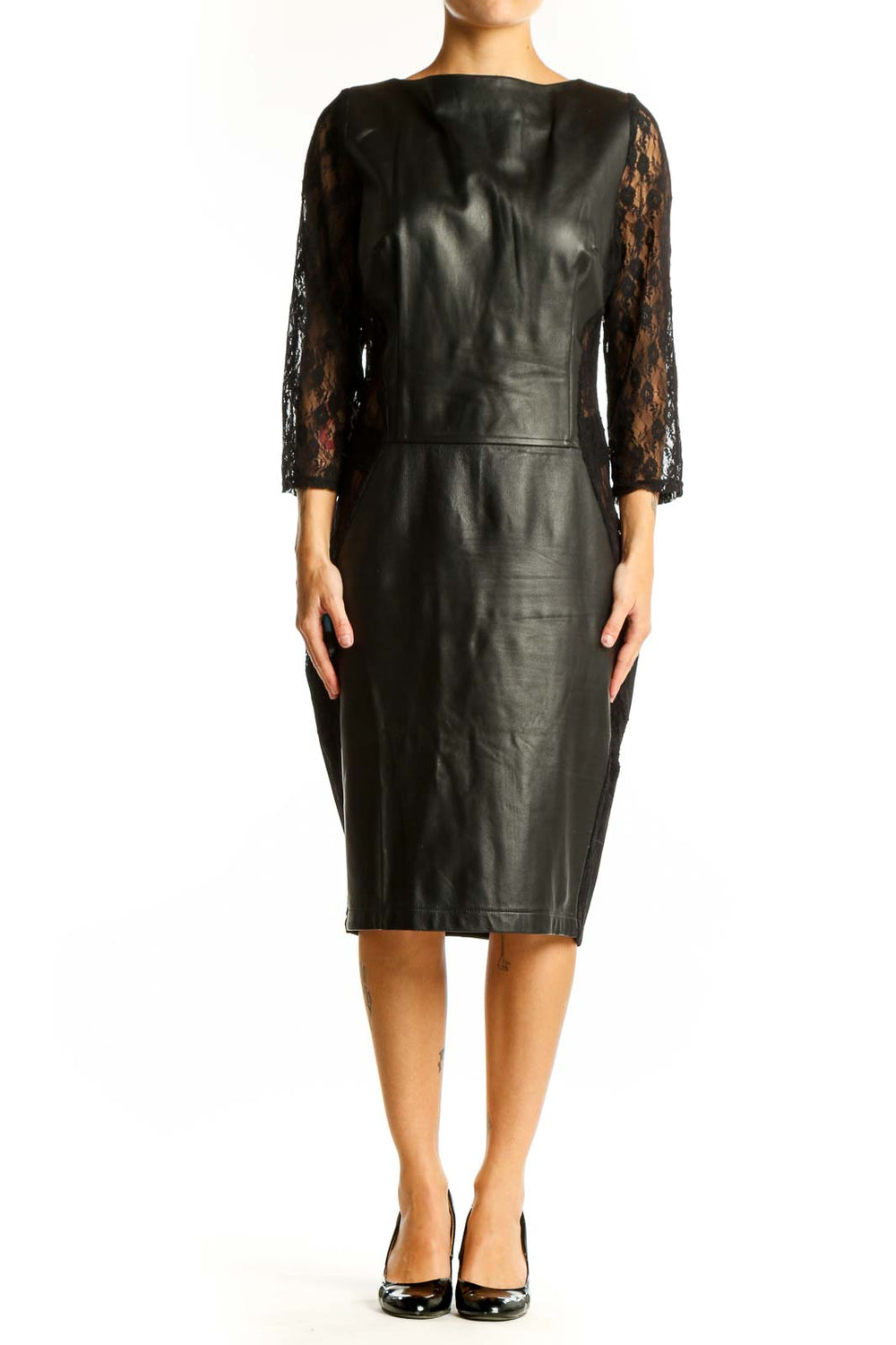 Front view of black leather midi dress with lace sleeves by Wheels & Dollbaby