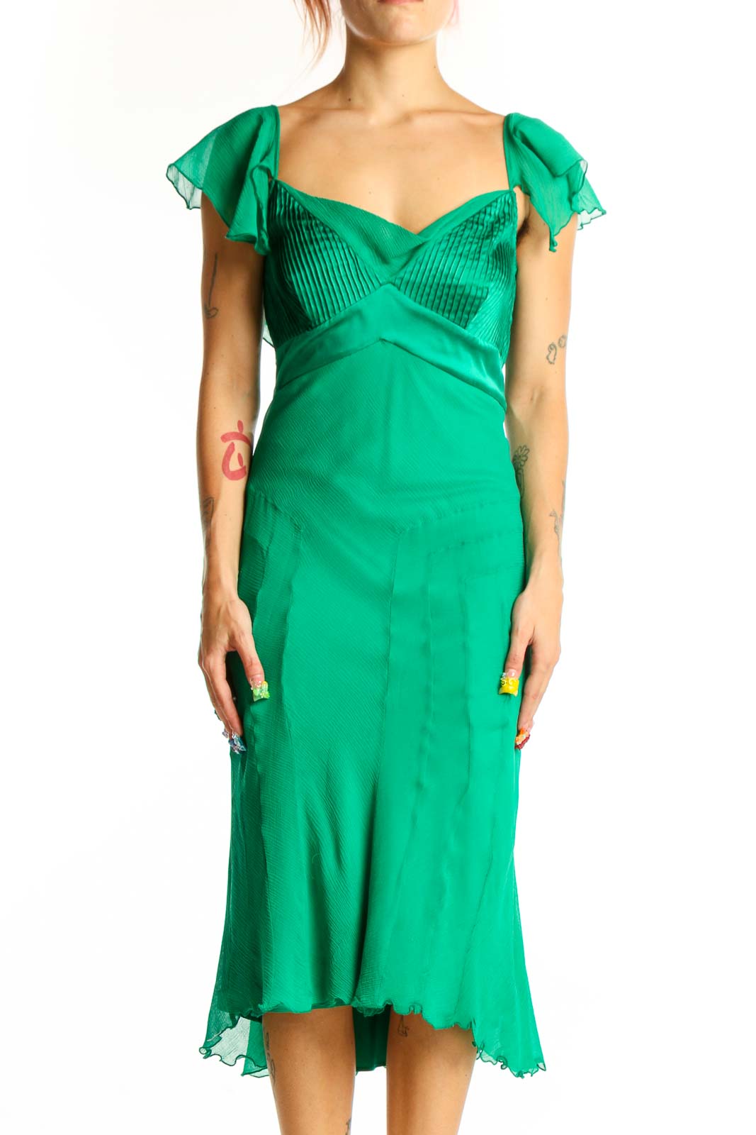 Front view of green silk Diane von Furstenberg cocktail dress with ruffled cap sleeves