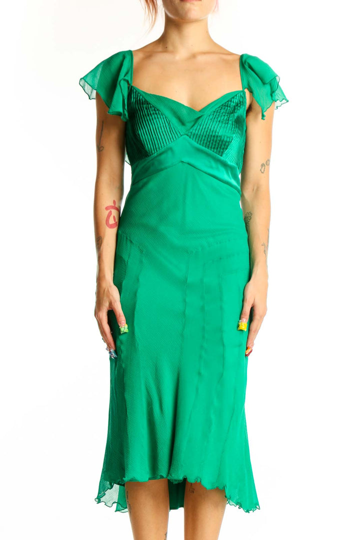 Front view of green silk Diane von Furstenberg cocktail dress with ruffled cap sleeves