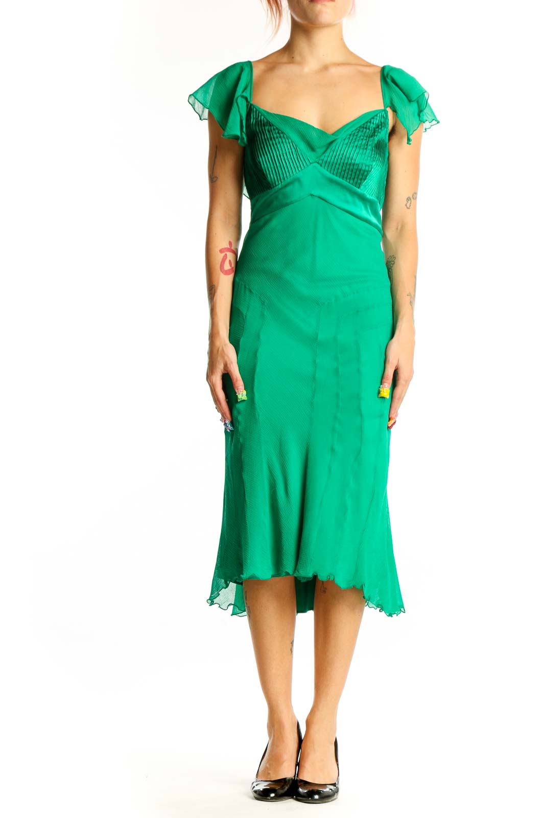 Front view of green silk Diane von Furstenberg cocktail dress with ruffled cap sleeves