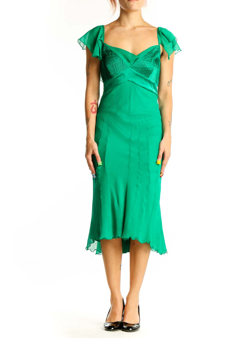Front view of green silk Diane von Furstenberg cocktail dress with ruffled cap sleeves