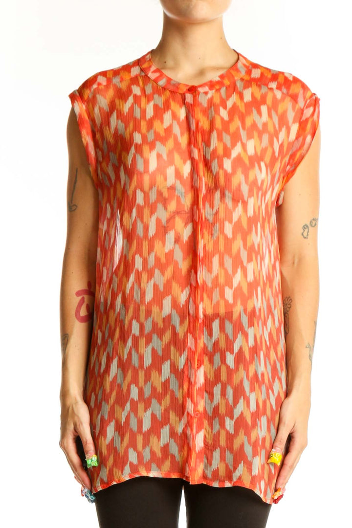 Front view of Lucky Brand orange geometric print sleeveless blouse