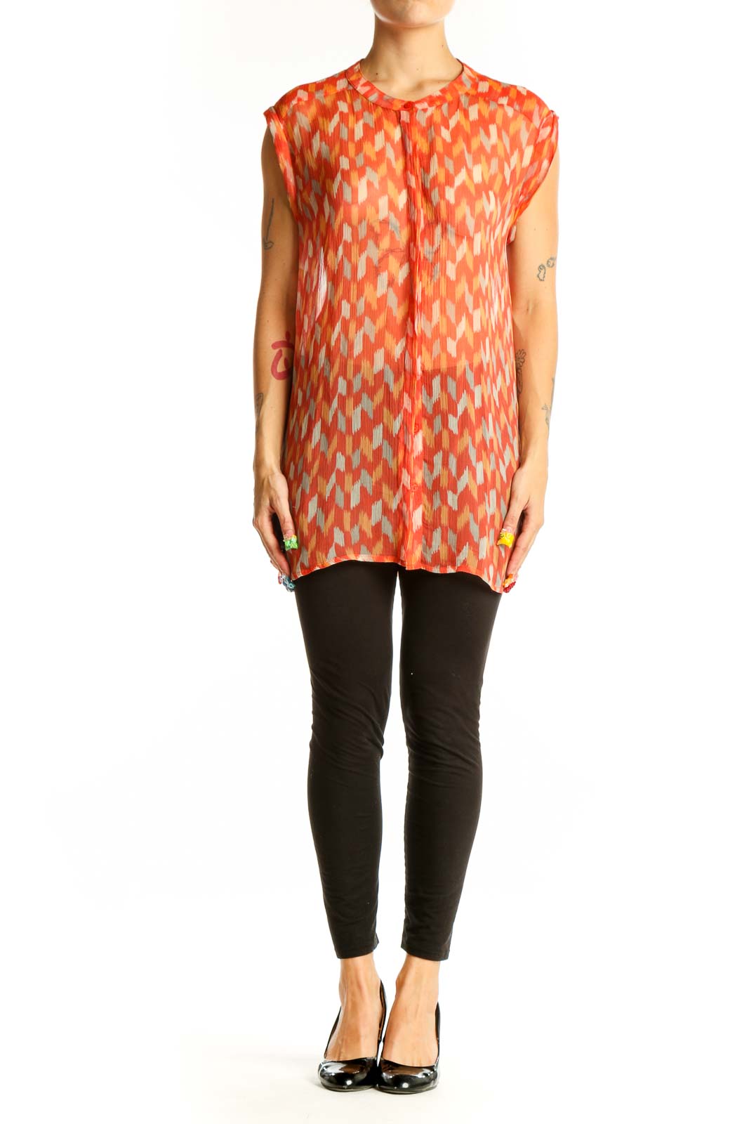 Front view of Lucky Brand orange geometric print sleeveless blouse