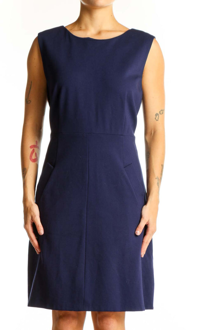 Front view of navy sleeveless A-line dress by Diane von Furstenberg