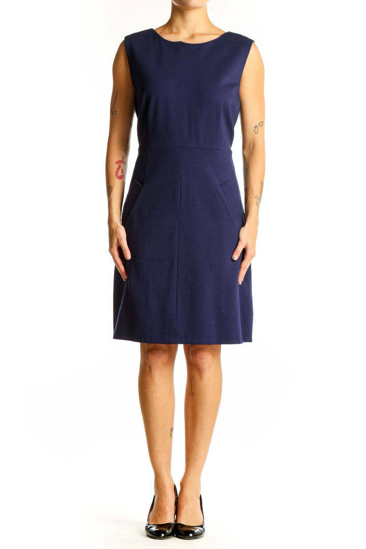 Front view of navy sleeveless A-line dress by Diane von Furstenberg