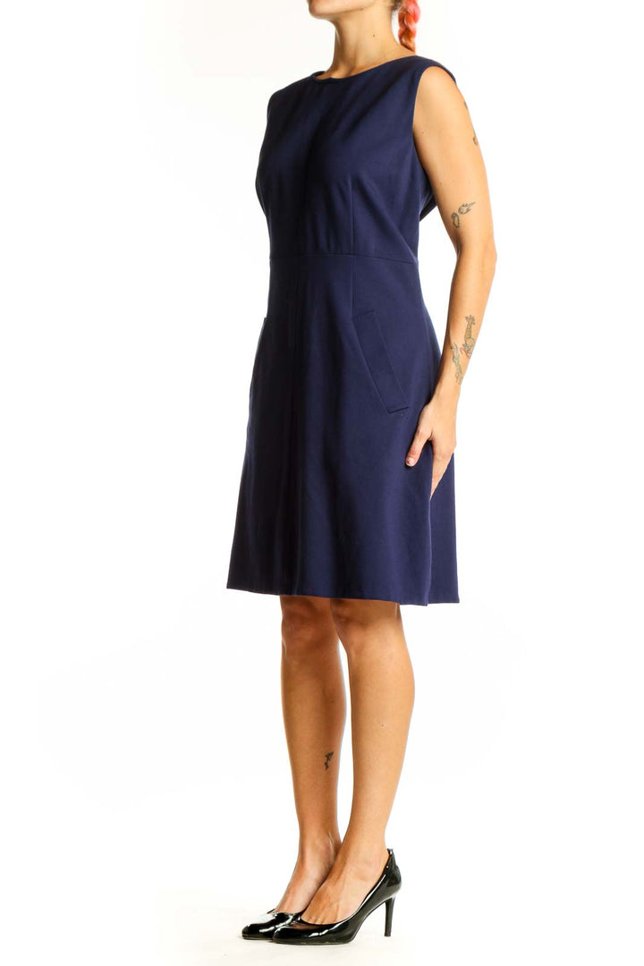 Front view of navy sleeveless A-line dress by Diane von Furstenberg
