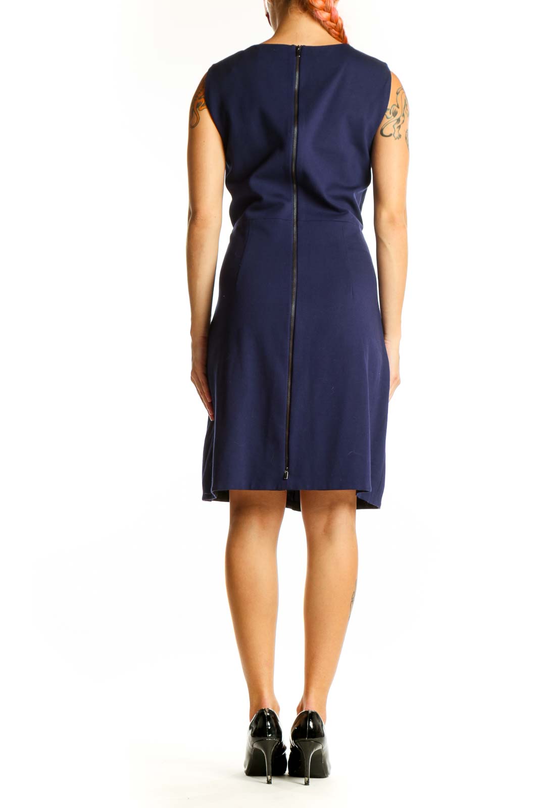 Back view of navy sleeveless A-line dress by Diane von Furstenberg
