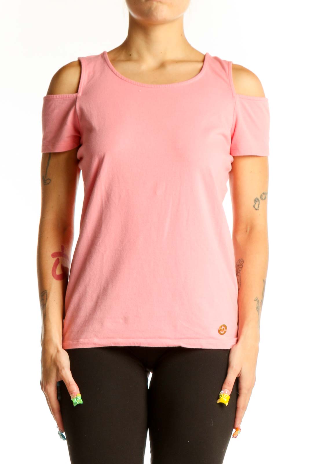 Front view of pink MICHAEL Michael Kors cold shoulder top