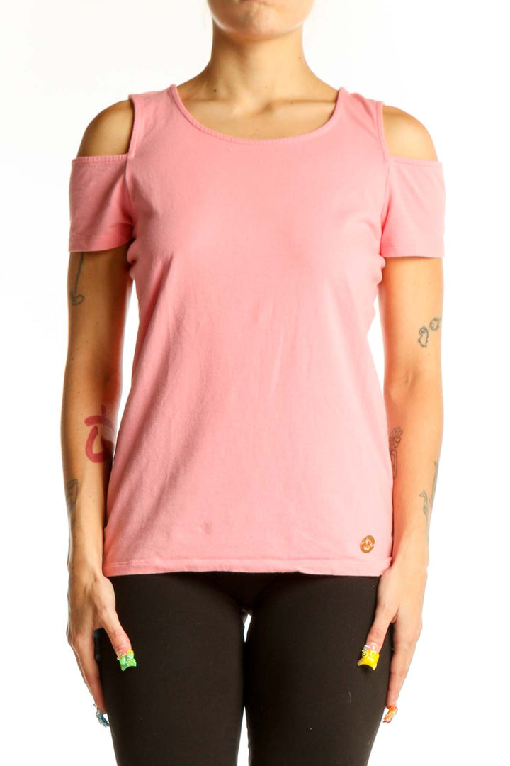 Front view of pink MICHAEL Michael Kors cold shoulder top