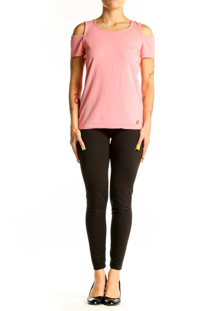 Front view of pink MICHAEL Michael Kors cold shoulder top
