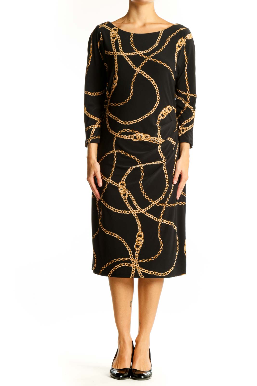 Front view of Lauren Ralph Lauren Black Chain Print Midi Dress