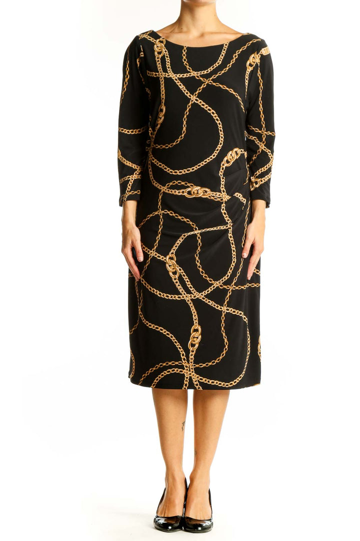 Front view of Lauren Ralph Lauren Black Chain Print Midi Dress