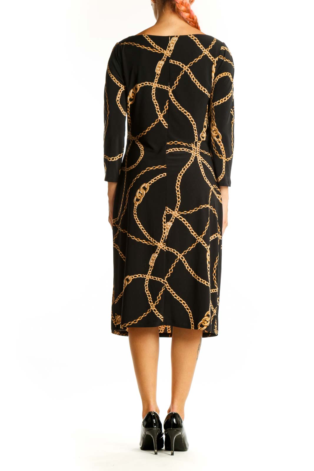 Side view of Lauren Ralph Lauren Black Chain Print Midi Dress