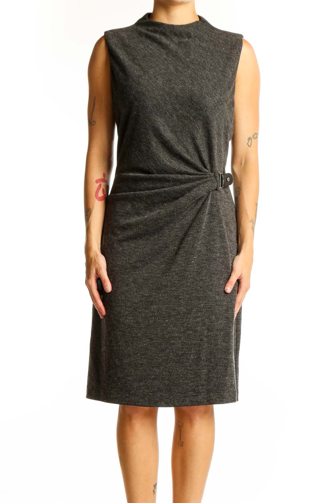 Front view of Lauren Ralph Lauren charcoal sleeveless sheath dress with gathered waist