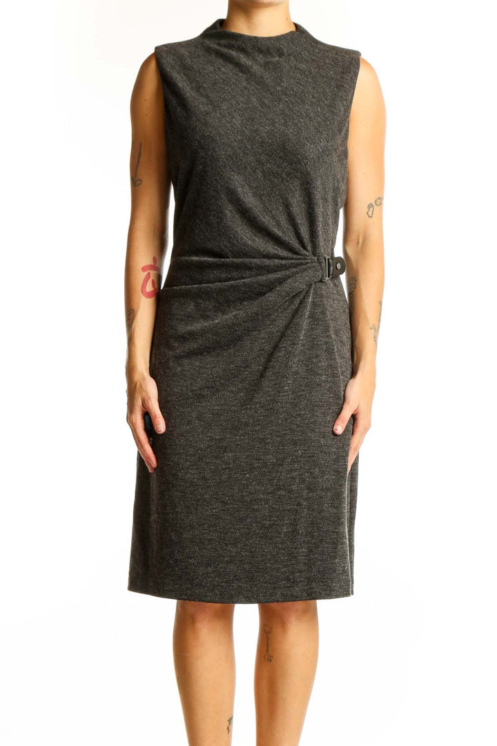 Front view of Lauren Ralph Lauren charcoal sleeveless sheath dress with gathered waist