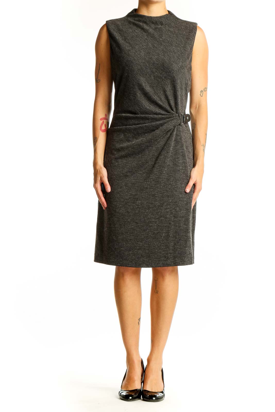 Front view of Lauren Ralph Lauren charcoal sleeveless sheath dress with gathered waist