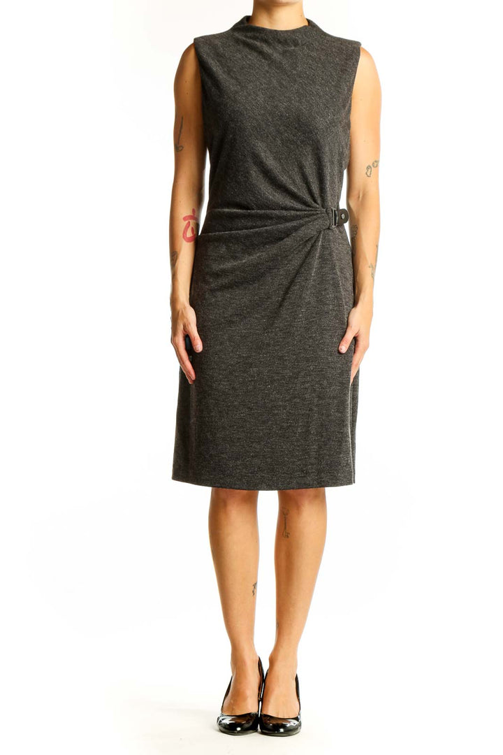 Front view of Lauren Ralph Lauren charcoal sleeveless sheath dress with gathered waist