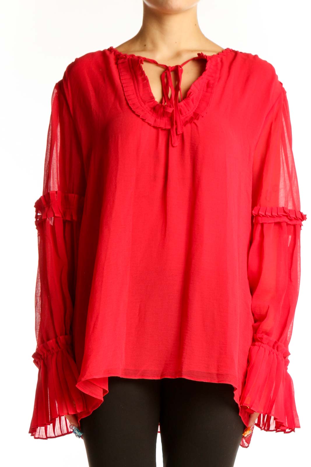 Front view of red flowy Max Studio blouse with ruffle trim and keyhole neckline
