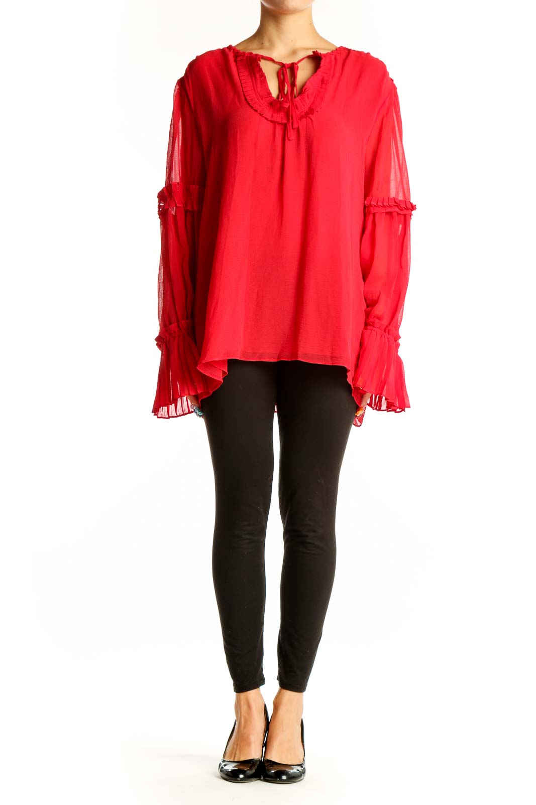 Front view of red flowy Max Studio blouse with ruffle trim and keyhole neckline