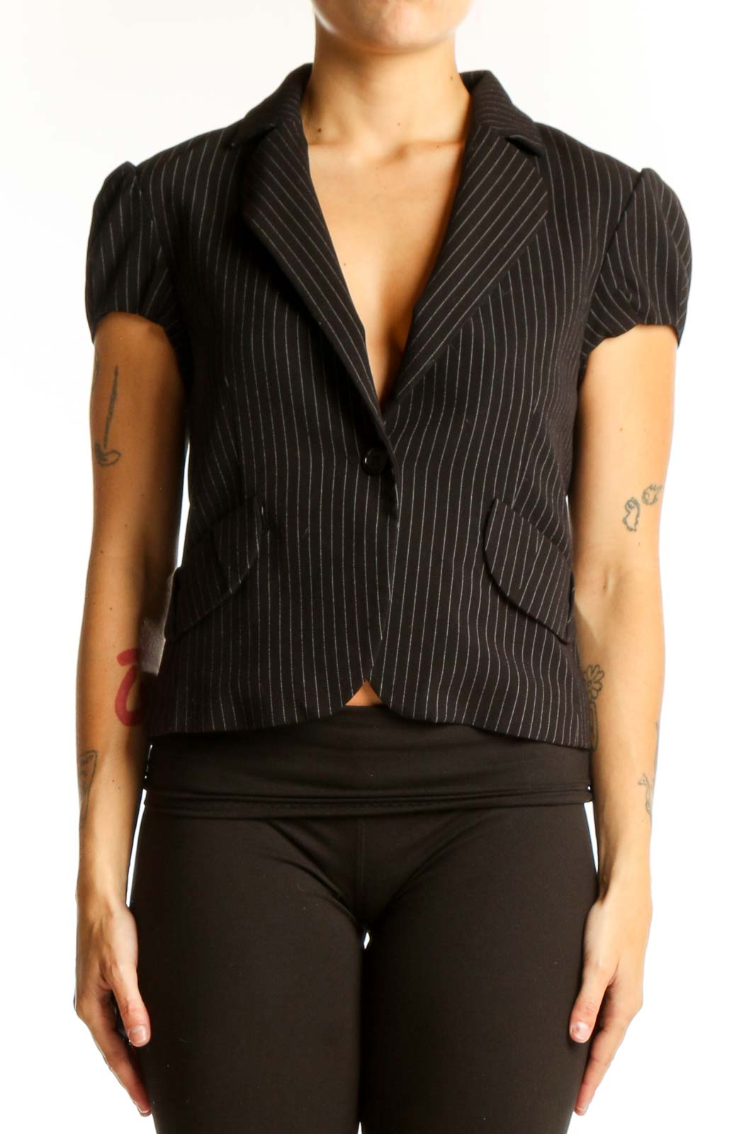 Front view of BCBG MaxAzria black pinstripe short-sleeve blazer