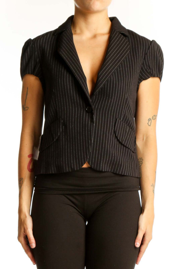 Front view of BCBG MaxAzria black pinstripe short-sleeve blazer