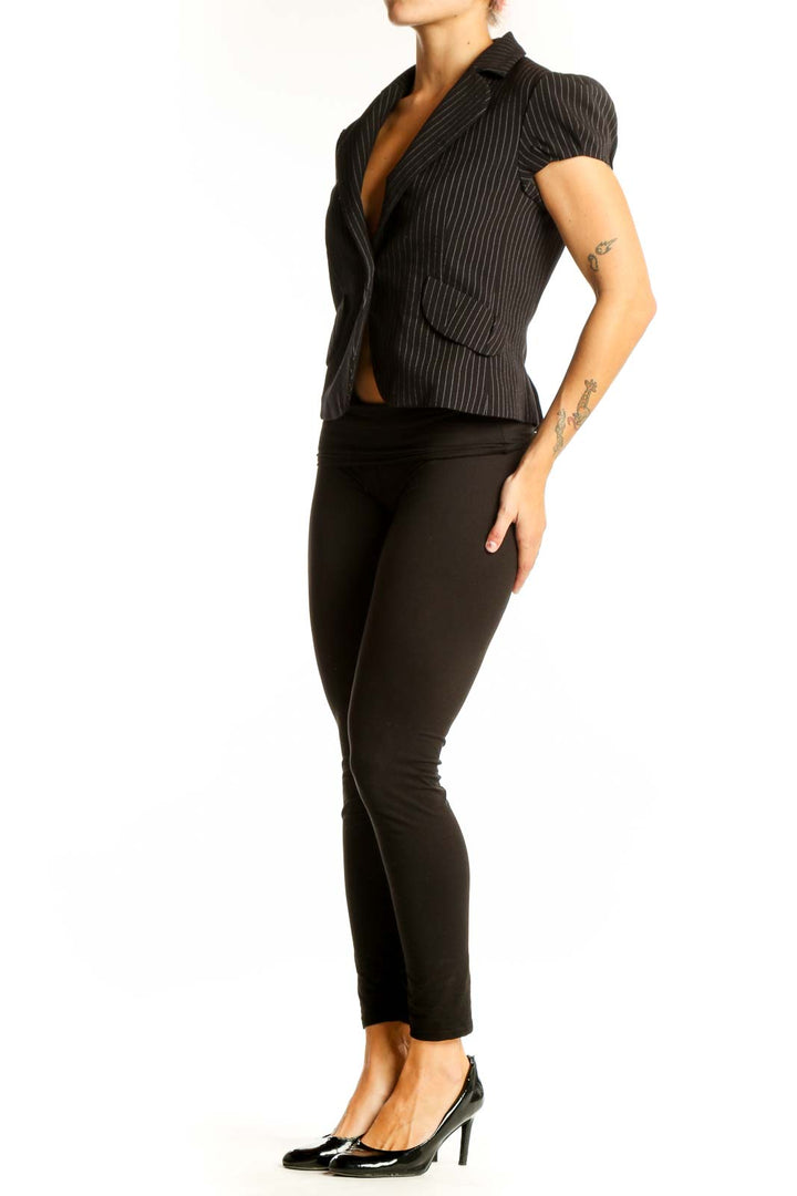 Front view of BCBG MaxAzria black pinstripe short-sleeve blazer