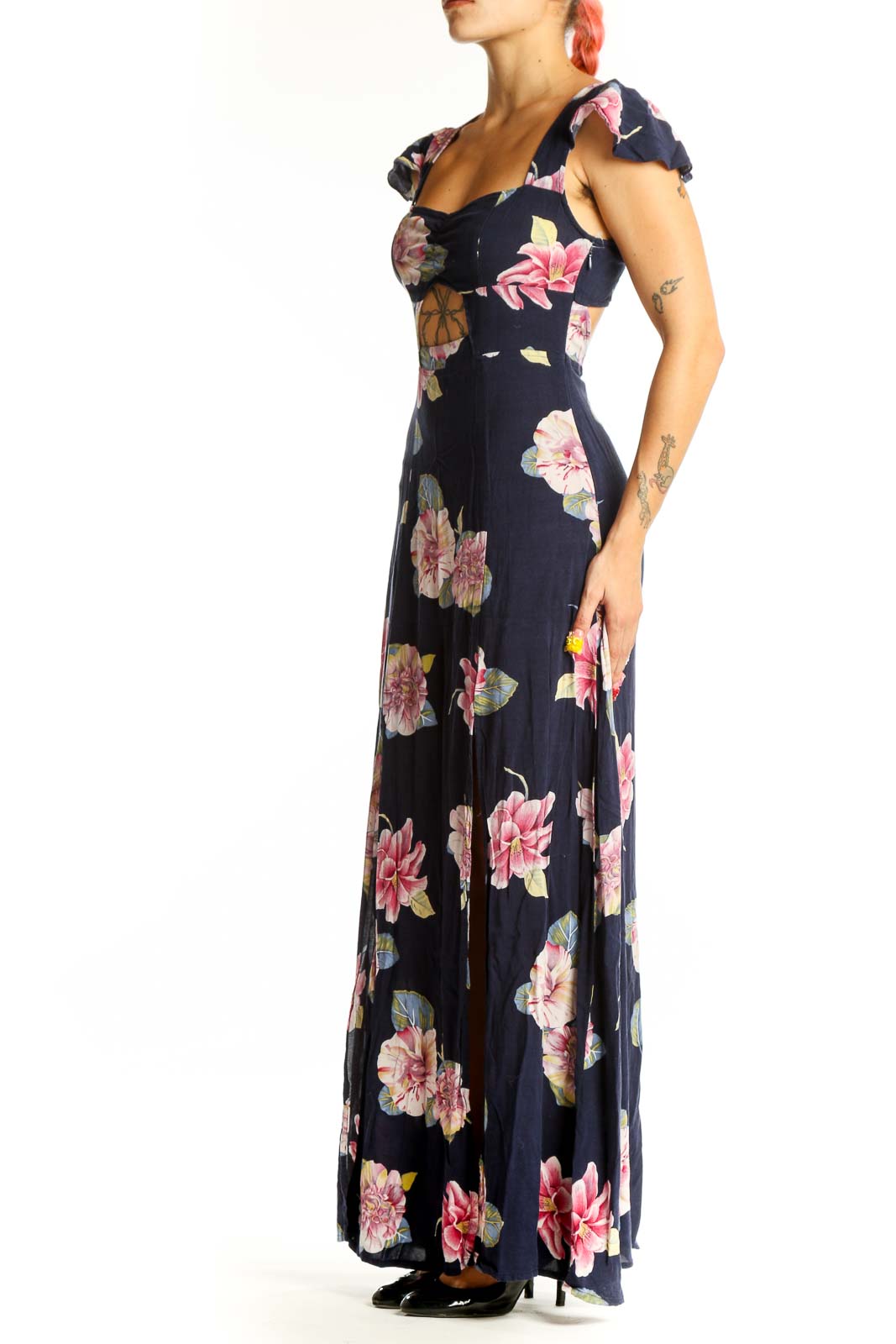 Front view of Reformed navy floral maxi dress with sweetheart neckline