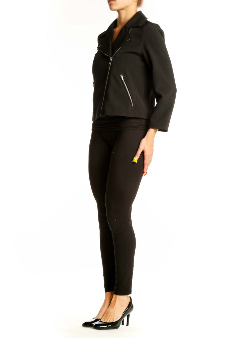 Front view of black moto jacket with asymmetrical zipper