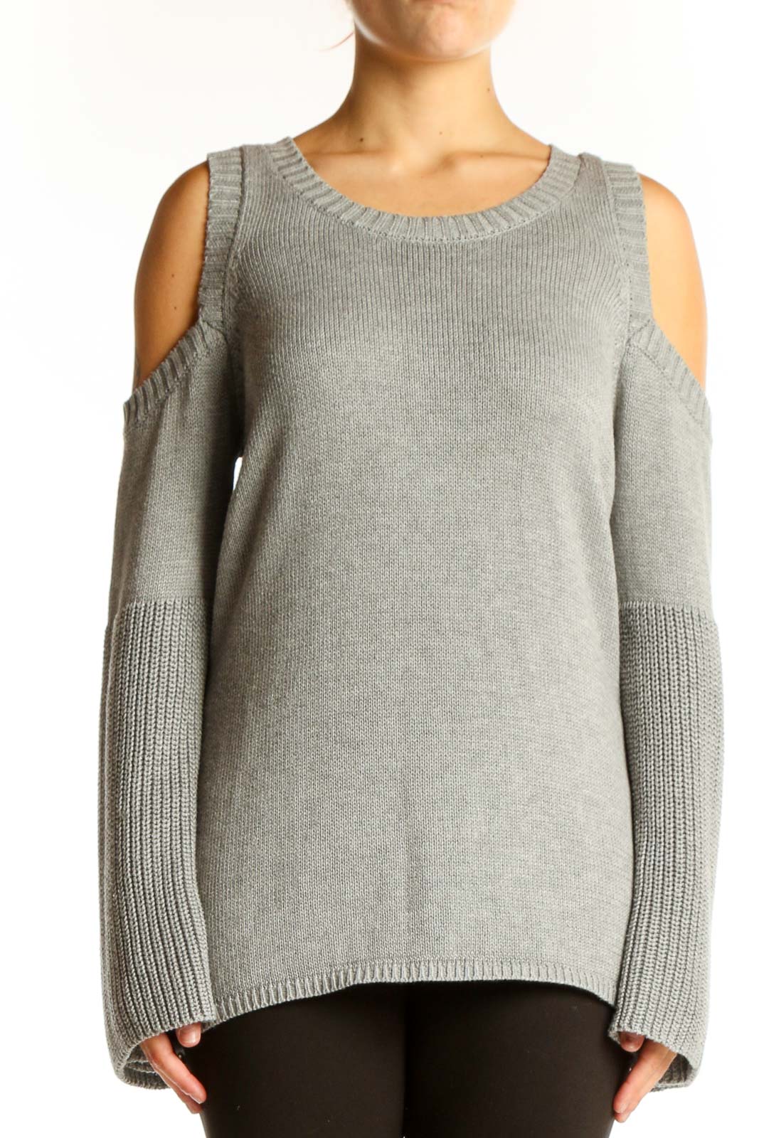 Front view of gray cold shoulder knit sweater with bell sleeves
