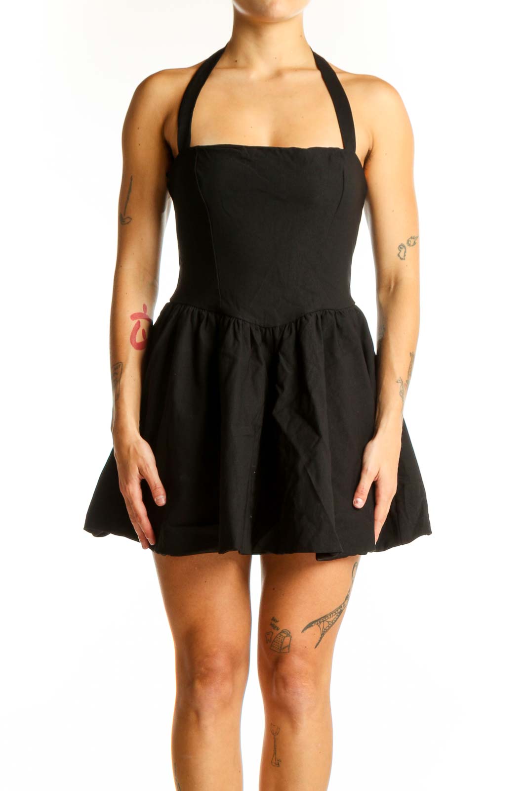 fitted lace wedding dress Black Fit and Flare Mini Dress - V-Neck Bubble Hem with Tie Straps