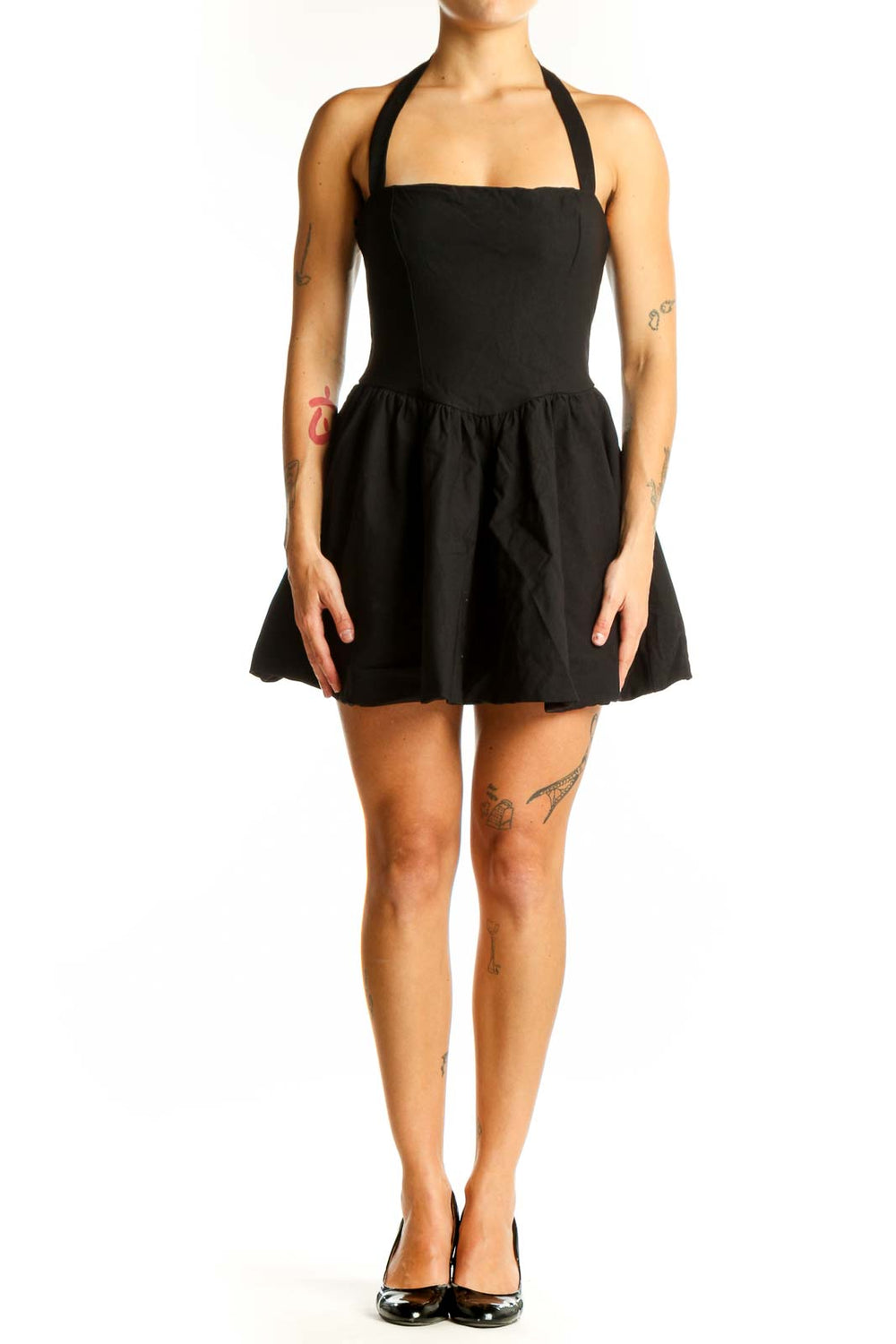 Front view of black halter fit-and-flare mini dress from Windsor
