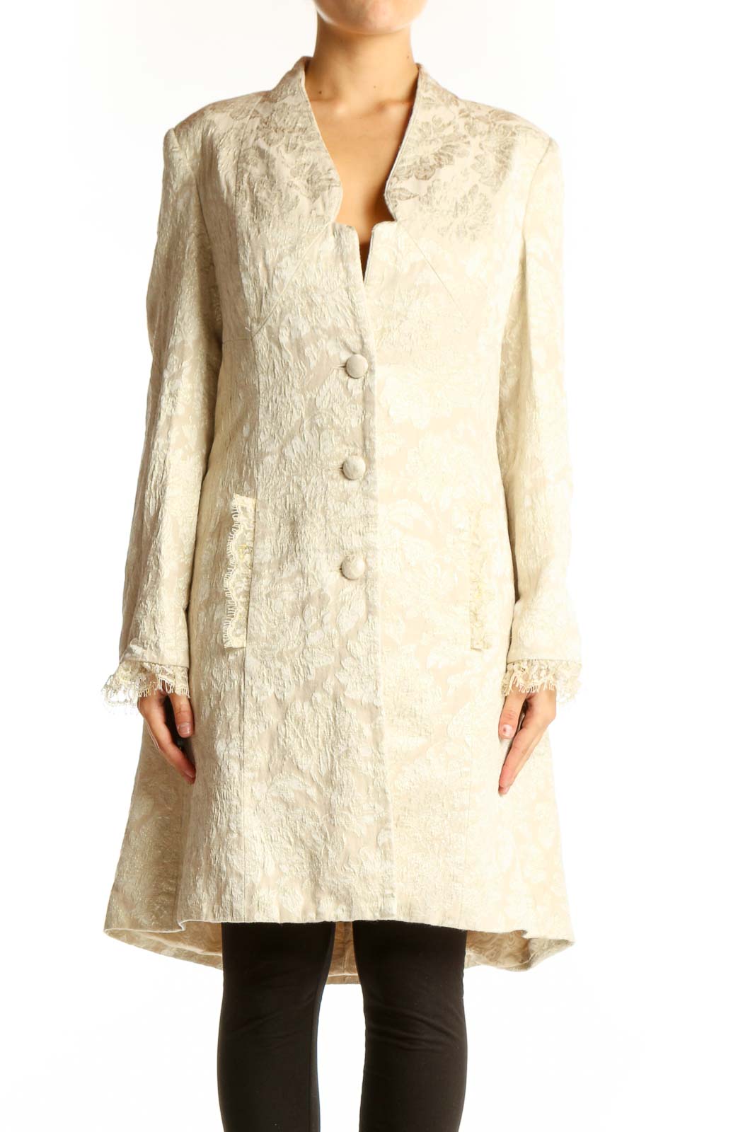 Front view of cream textured Nicole Miller long coat with V-neckline and button closure