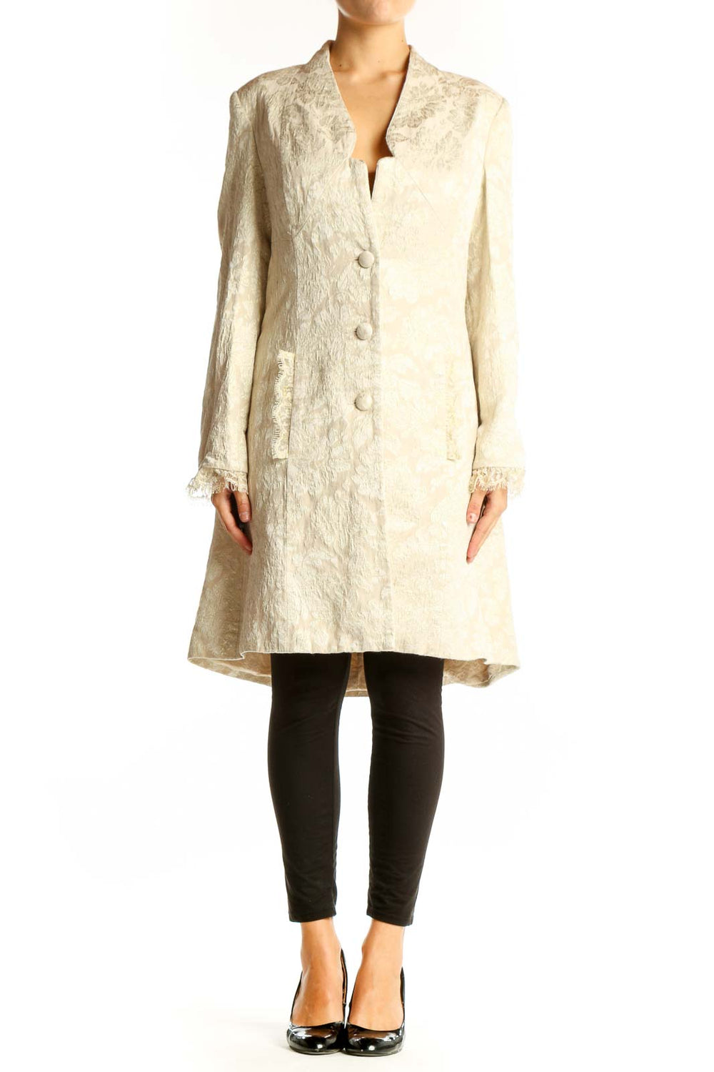 Front view of cream textured Nicole Miller long coat with V-neckline and button closure