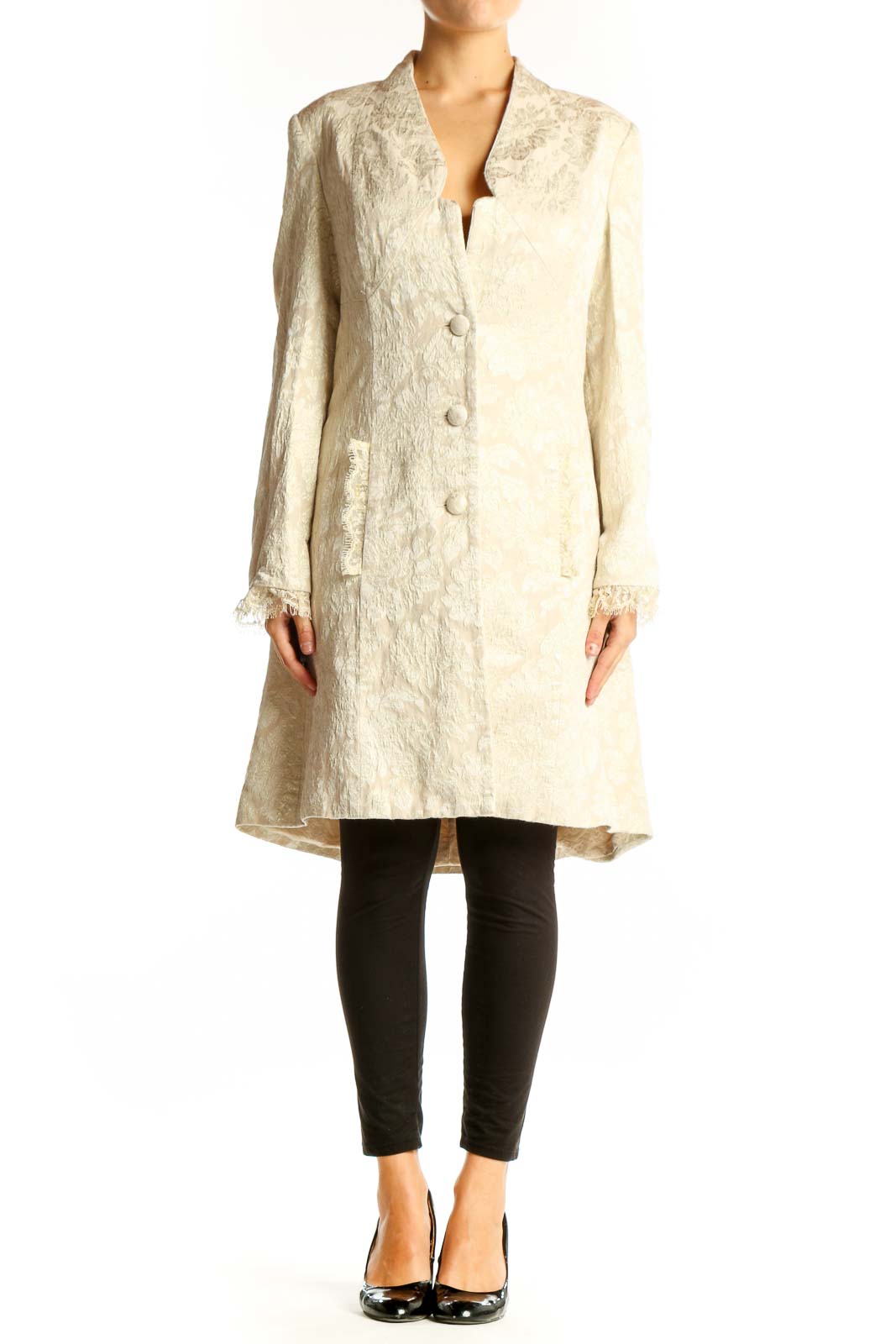Front view of cream textured Nicole Miller long coat with V-neckline and button closure