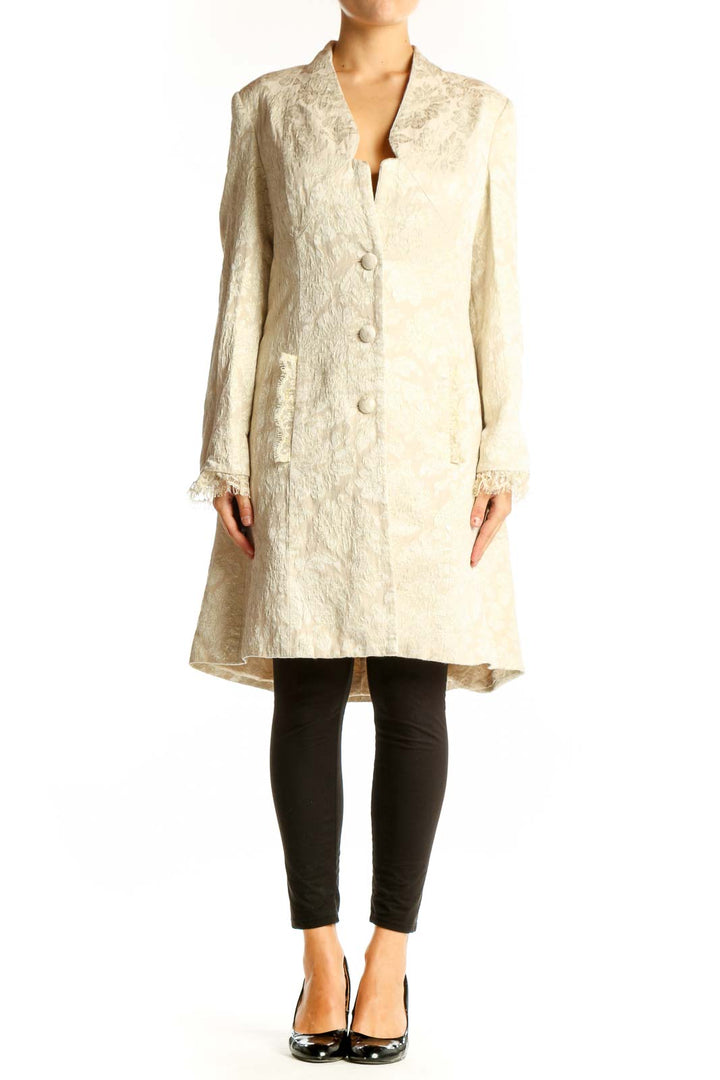 Front view of cream textured Nicole Miller long coat with V-neckline and button closure