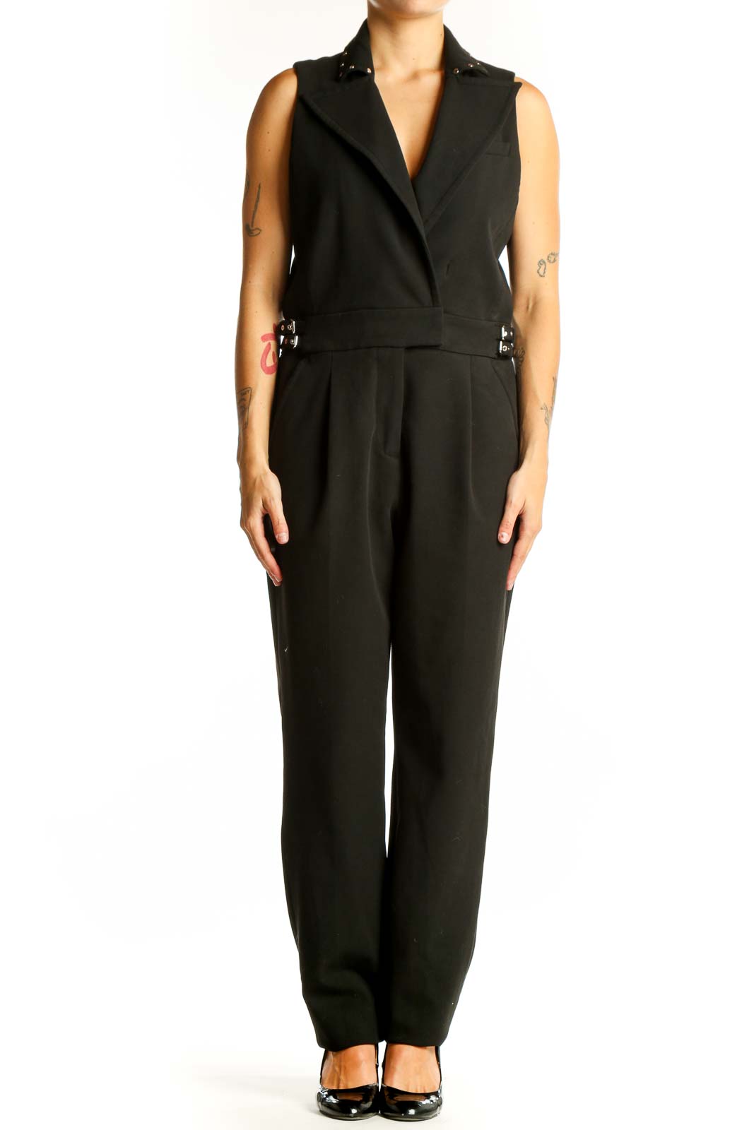 Front view of MICHAEL Michael Kors black sleeveless jumpsuit with studded collar