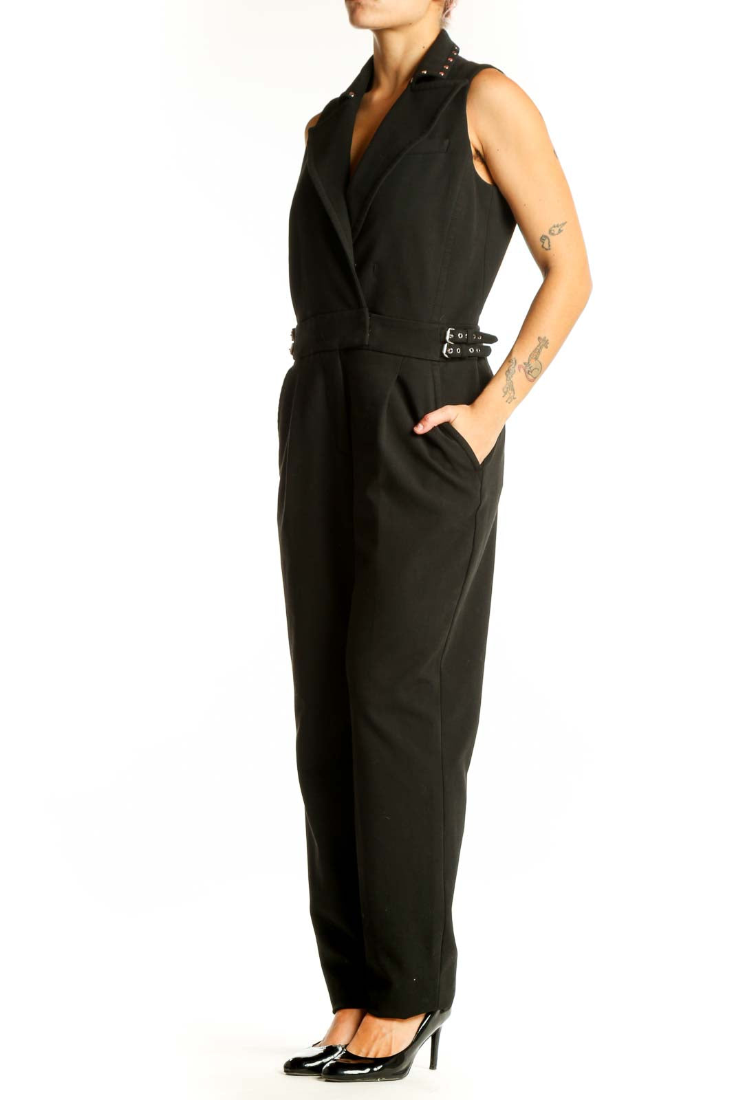 Front view of MICHAEL Michael Kors black sleeveless jumpsuit with studded collar
