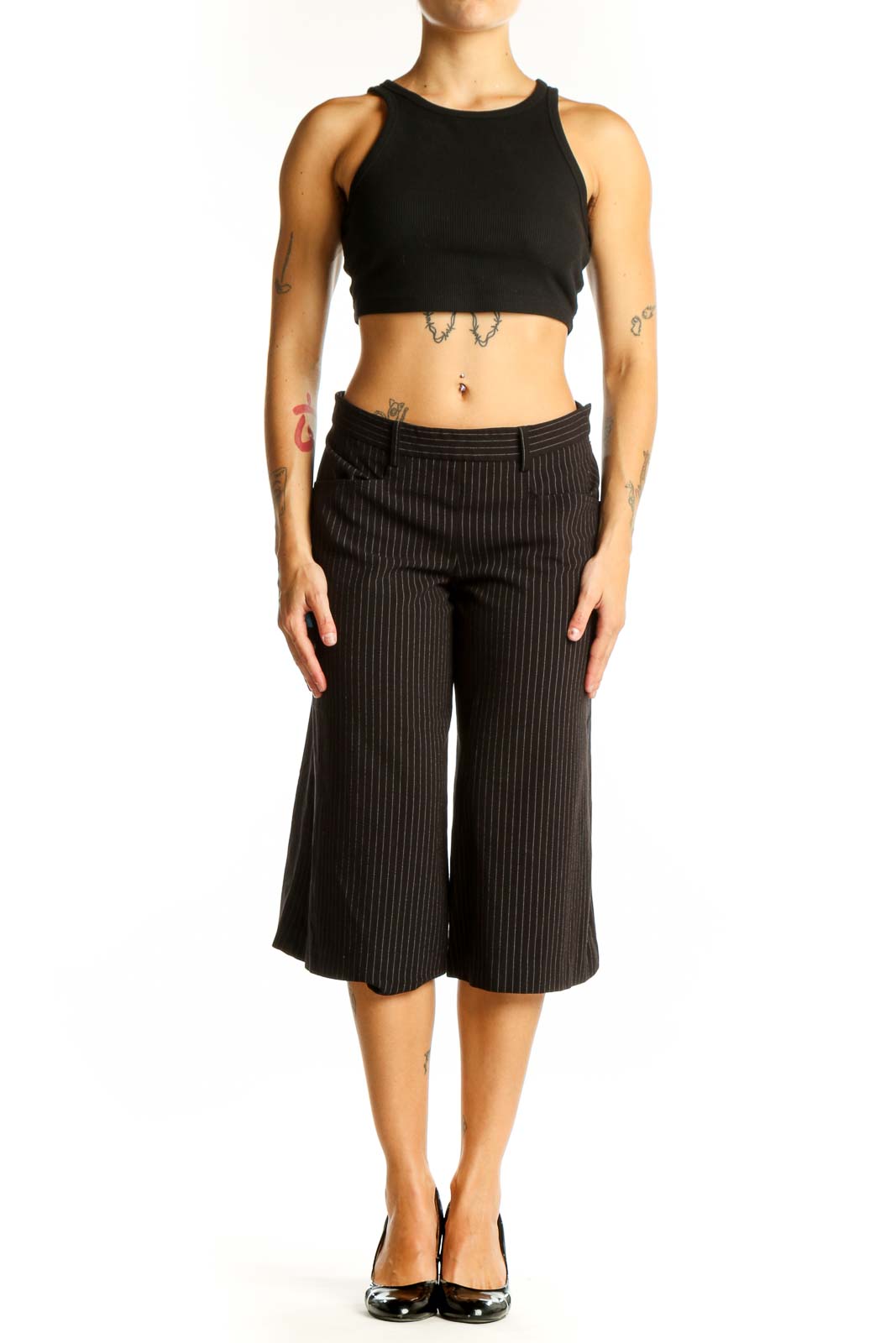 Front view of BCBG MaxAzria black pinstriped cropped wide-leg trousers on model