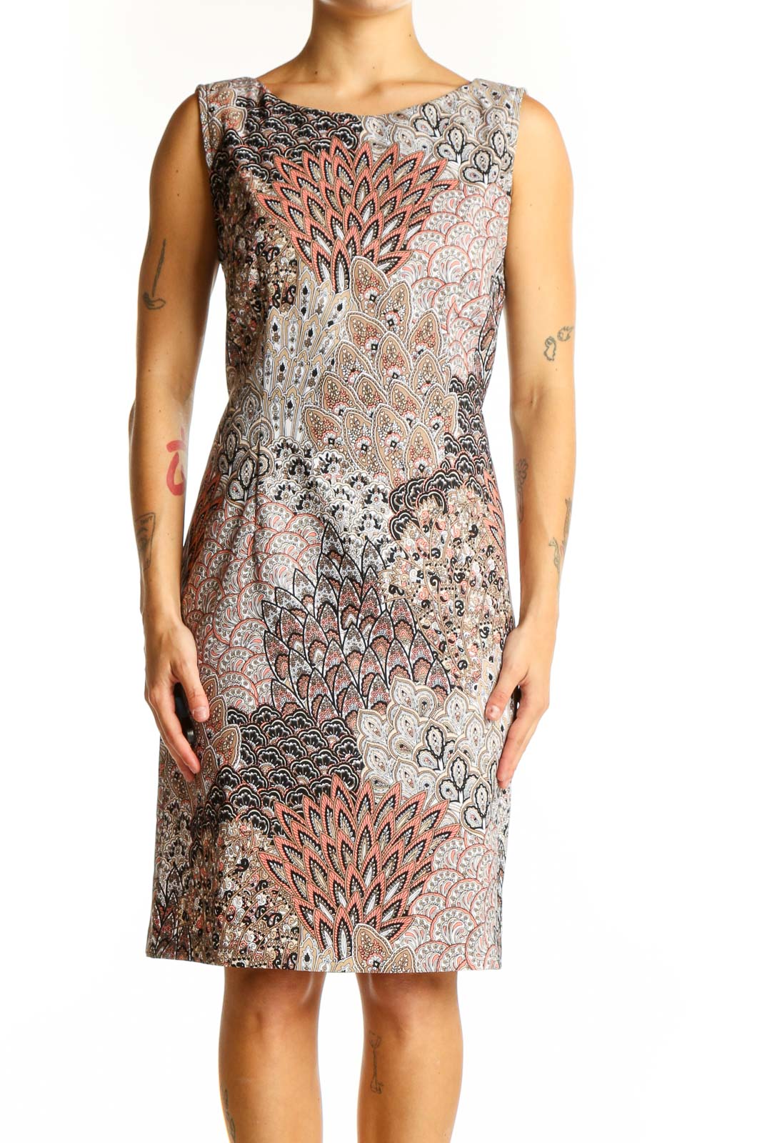 Front view of SilkRoll multicolor peacock print sheath dress