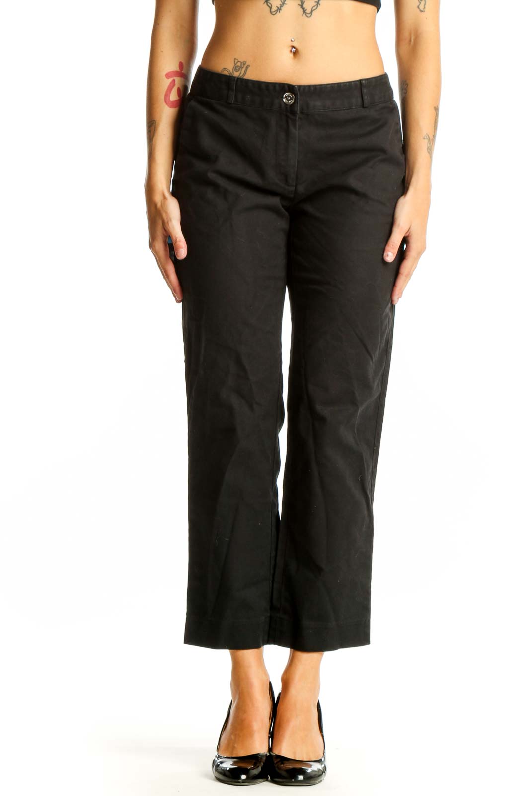 Front view of MICHAEL Michael Kors black cropped dress pants