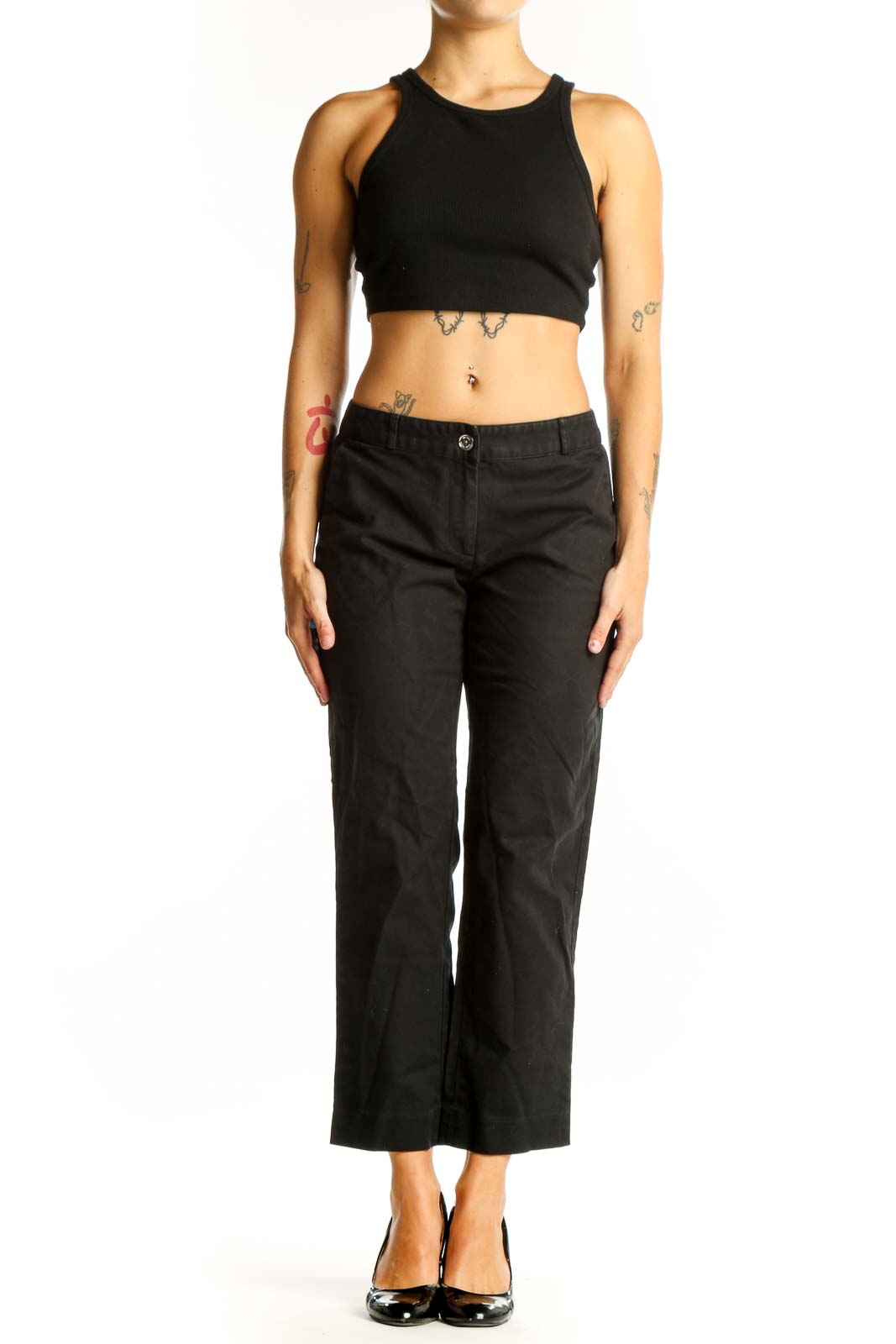 Front view of MICHAEL Michael Kors black cropped dress pants