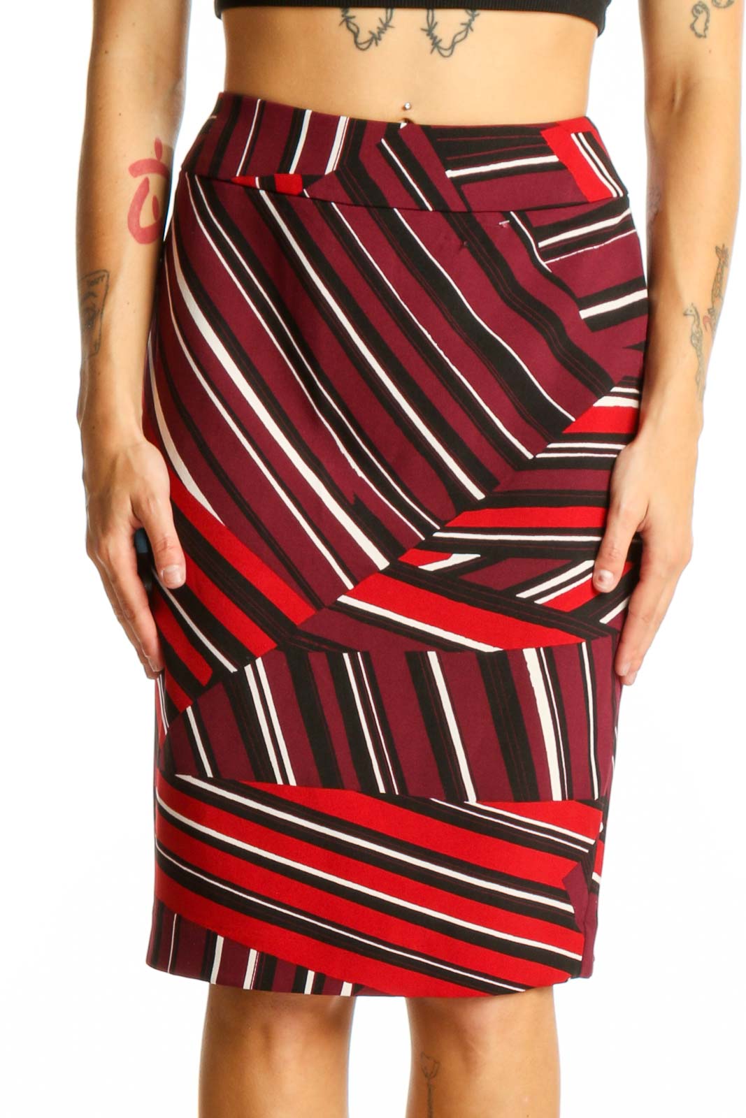 Front view of Nine West red striped pencil skirt with geometric pattern