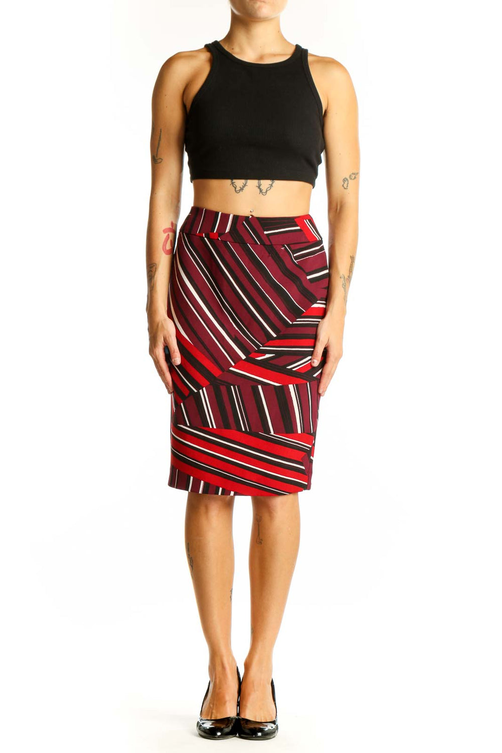 Front view of Nine West red striped pencil skirt with geometric pattern