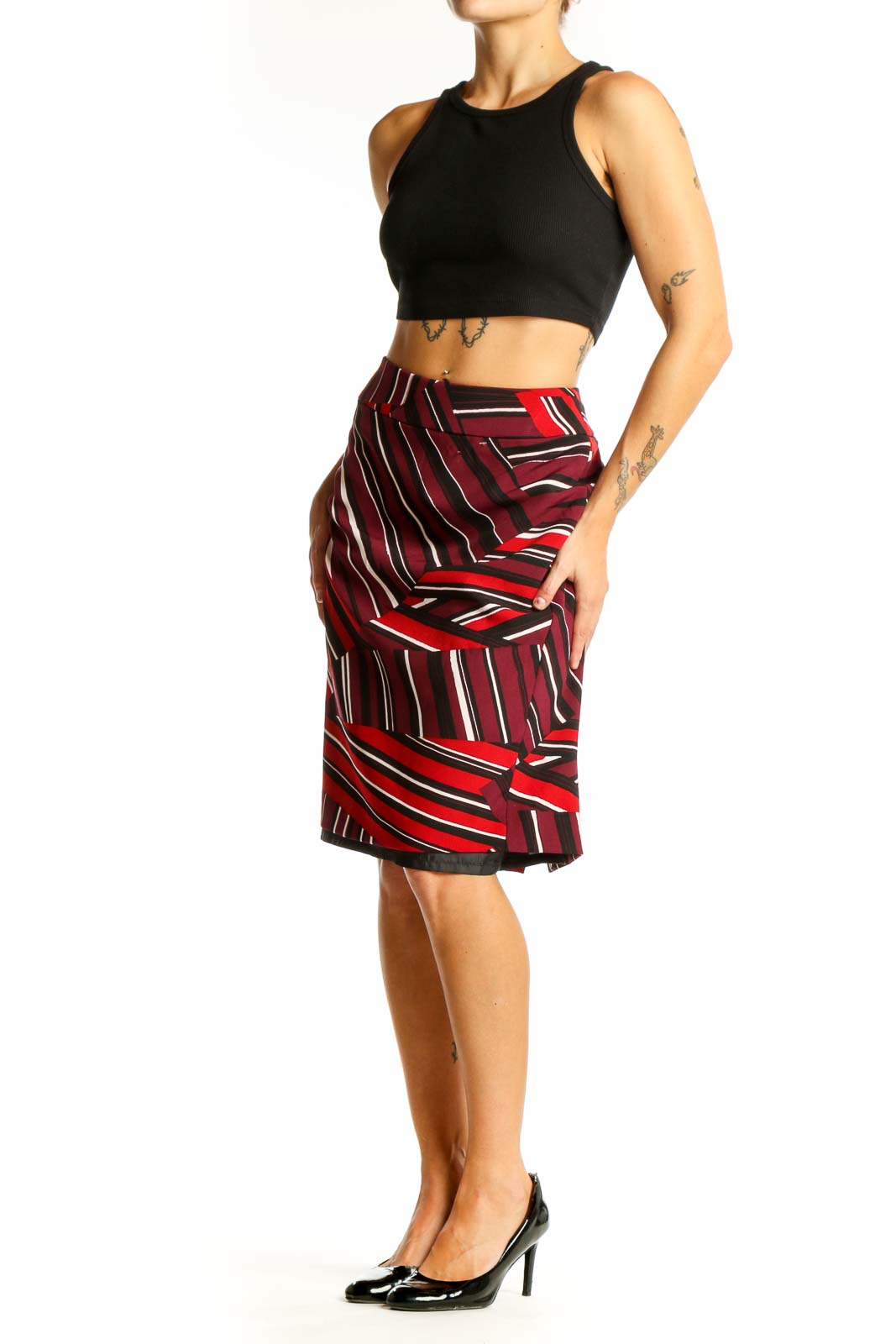 Front view of Nine West red striped pencil skirt with geometric pattern