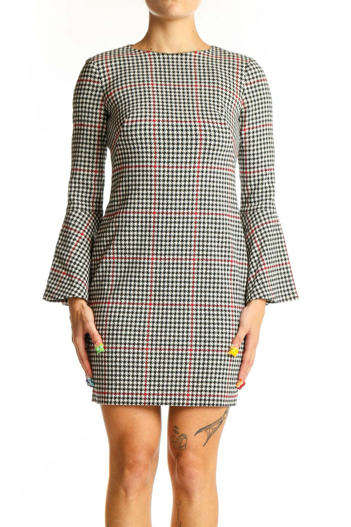 Front view of Lauren Ralph Lauren houndstooth mini dress with bell sleeves