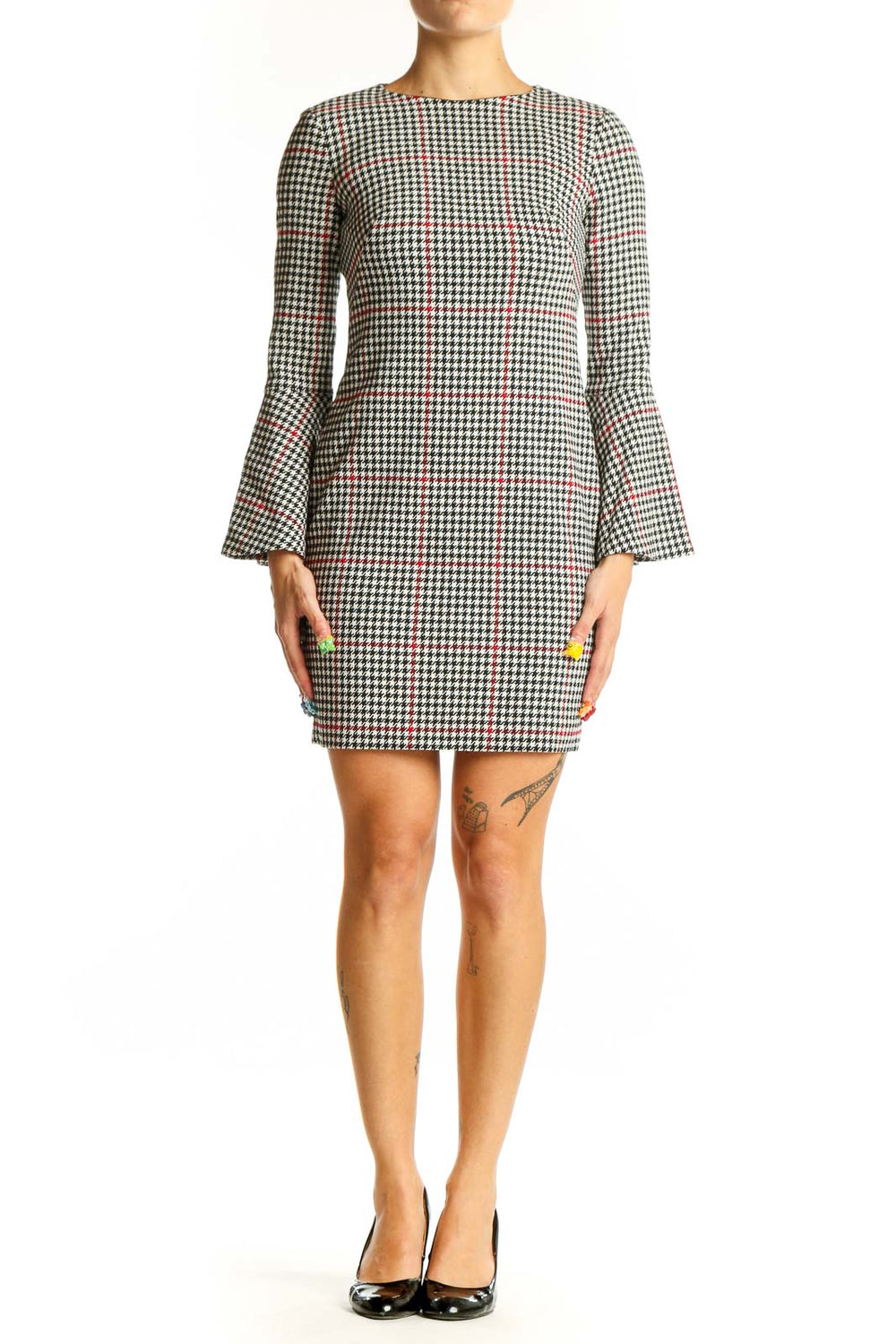 Front view of Lauren Ralph Lauren houndstooth mini dress with bell sleeves