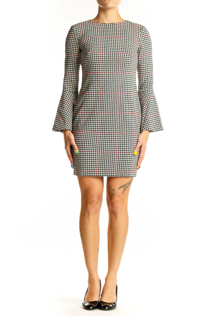 Front view of Lauren Ralph Lauren houndstooth mini dress with bell sleeves