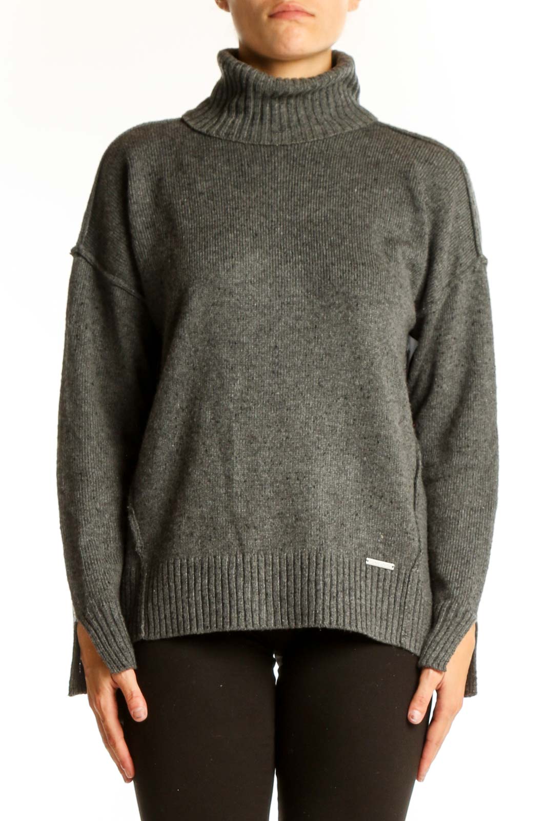 Front view of gray MICHAEL Michael Kors oversized turtleneck sweater