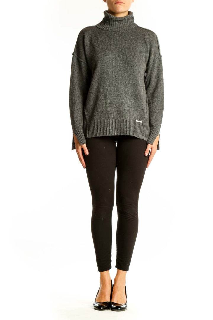 Front view of gray MICHAEL Michael Kors oversized turtleneck sweater